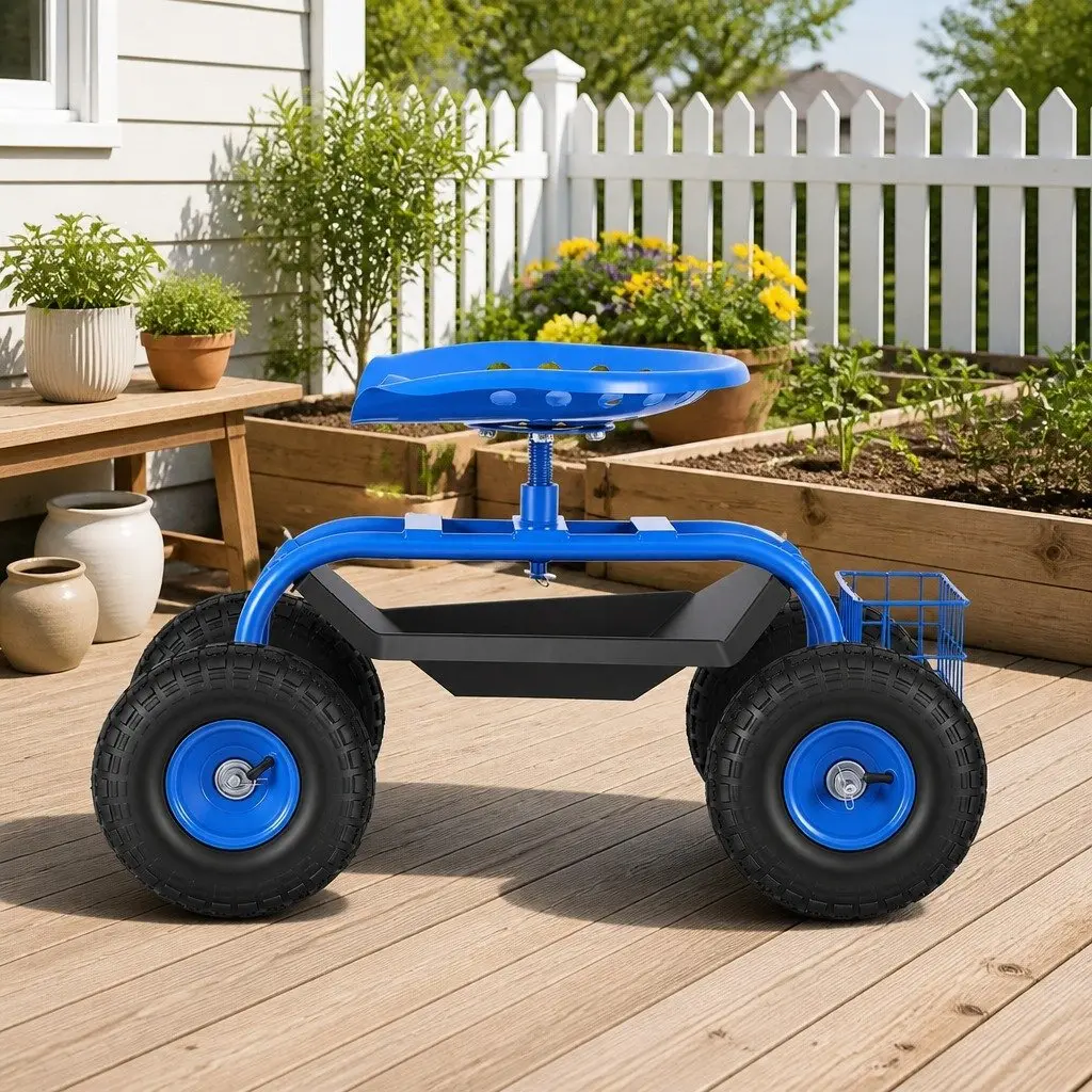 Garden Rolling Stool Adjustable Height 360 Swivel Seat with Wheels for Outdoor Gardening