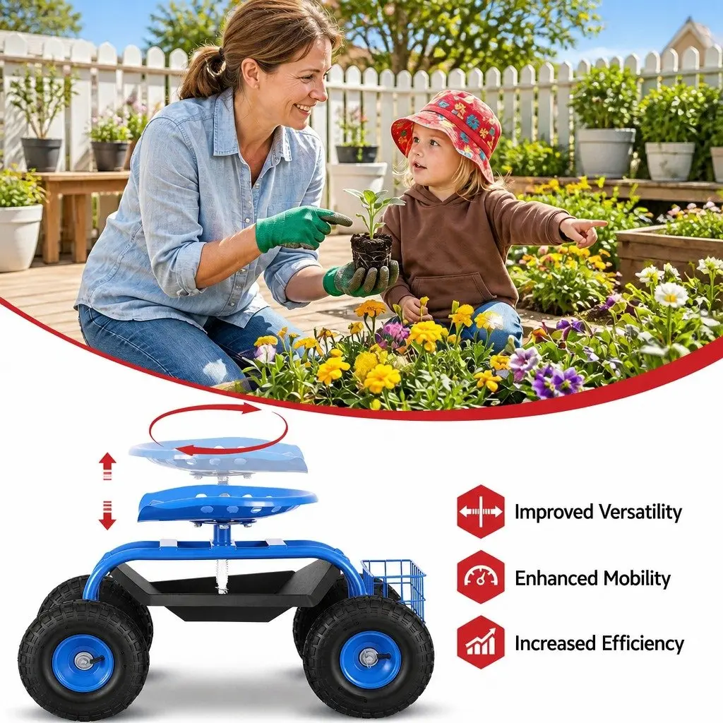 Garden Rolling Stool Adjustable Height 360 Swivel Seat with Wheels for Outdoor Gardening
