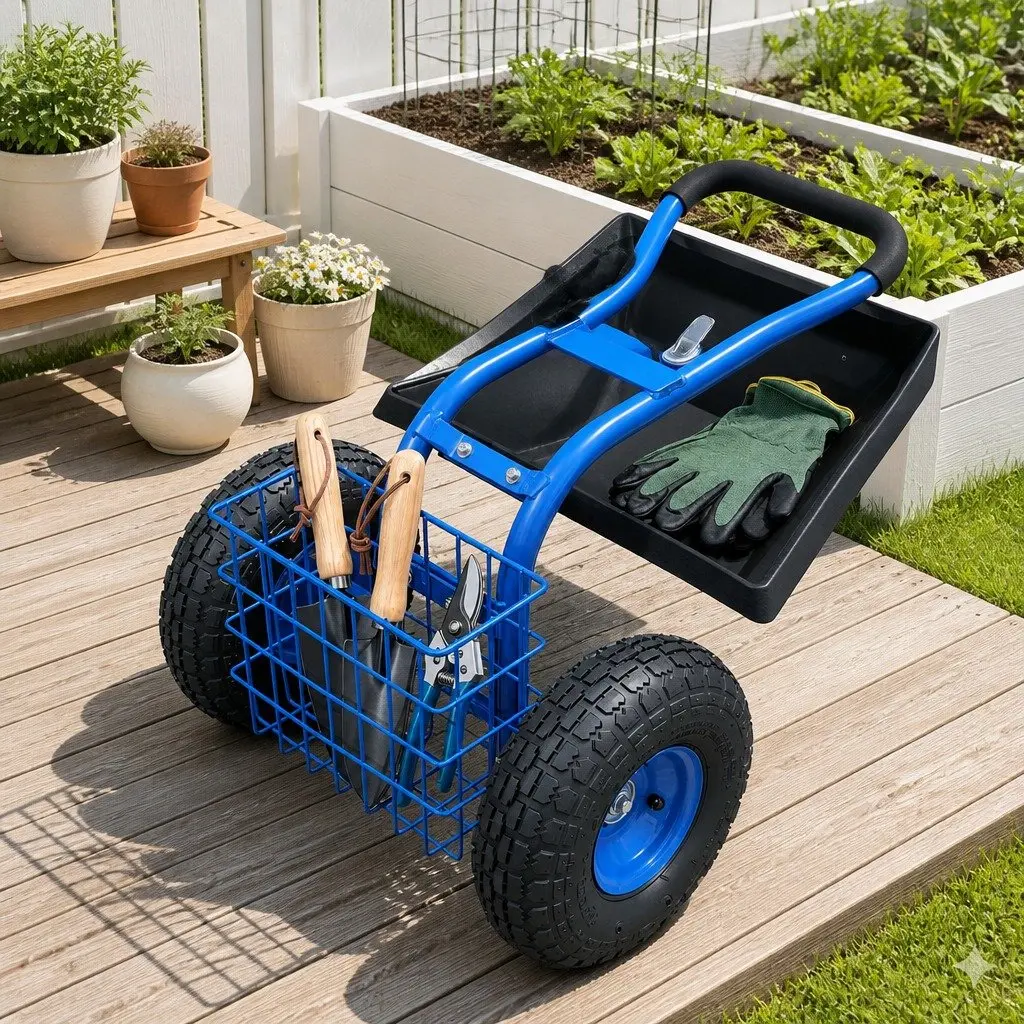 Garden Rolling Stool Adjustable Height 360 Swivel Seat with Wheels for Outdoor Gardening