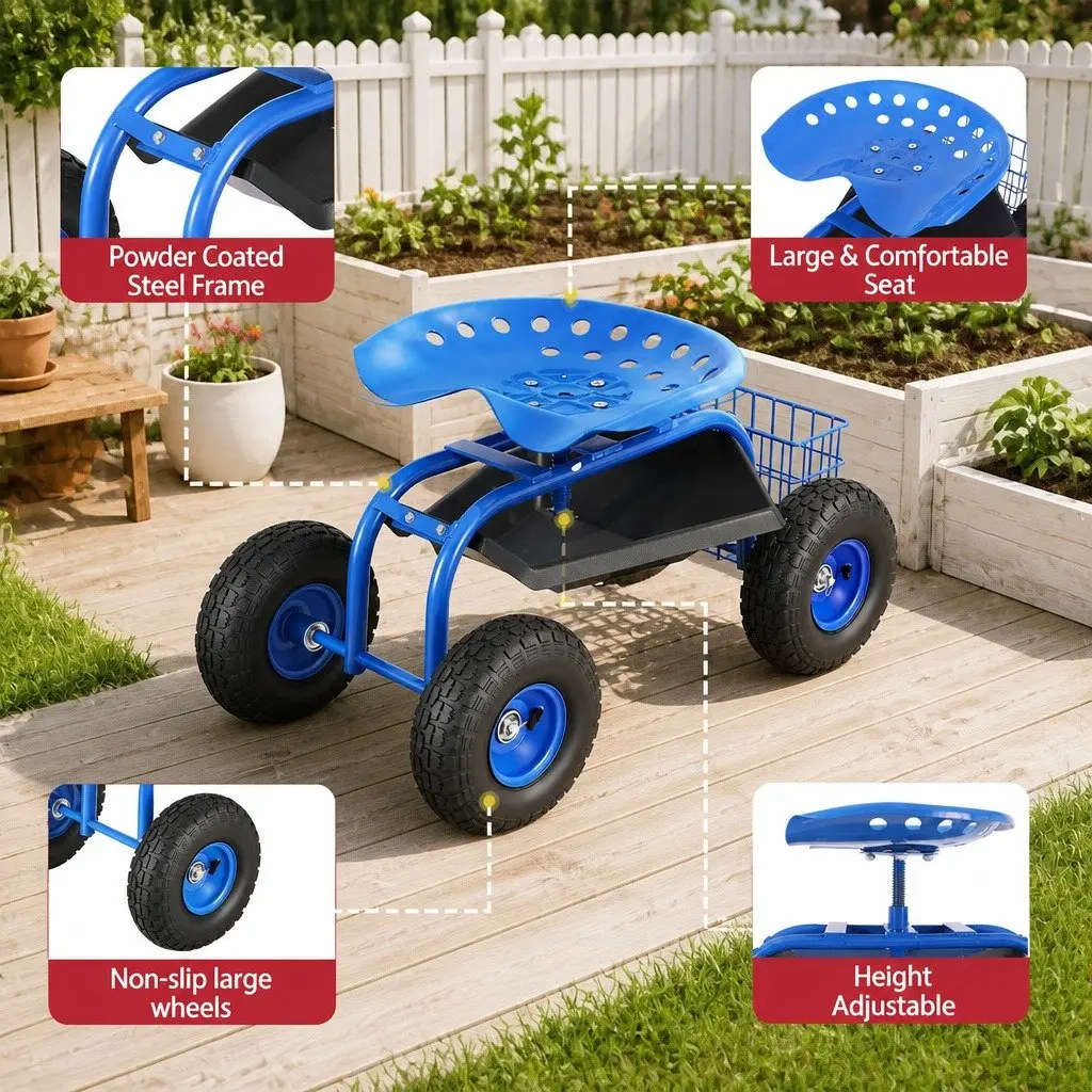 Garden Rolling Stool Adjustable Height 360 Swivel Seat with Wheels for Outdoor Gardening