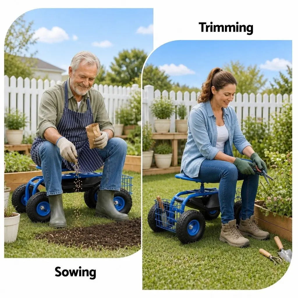 Garden Rolling Stool Adjustable Height 360 Swivel Seat with Wheels for Outdoor Gardening
