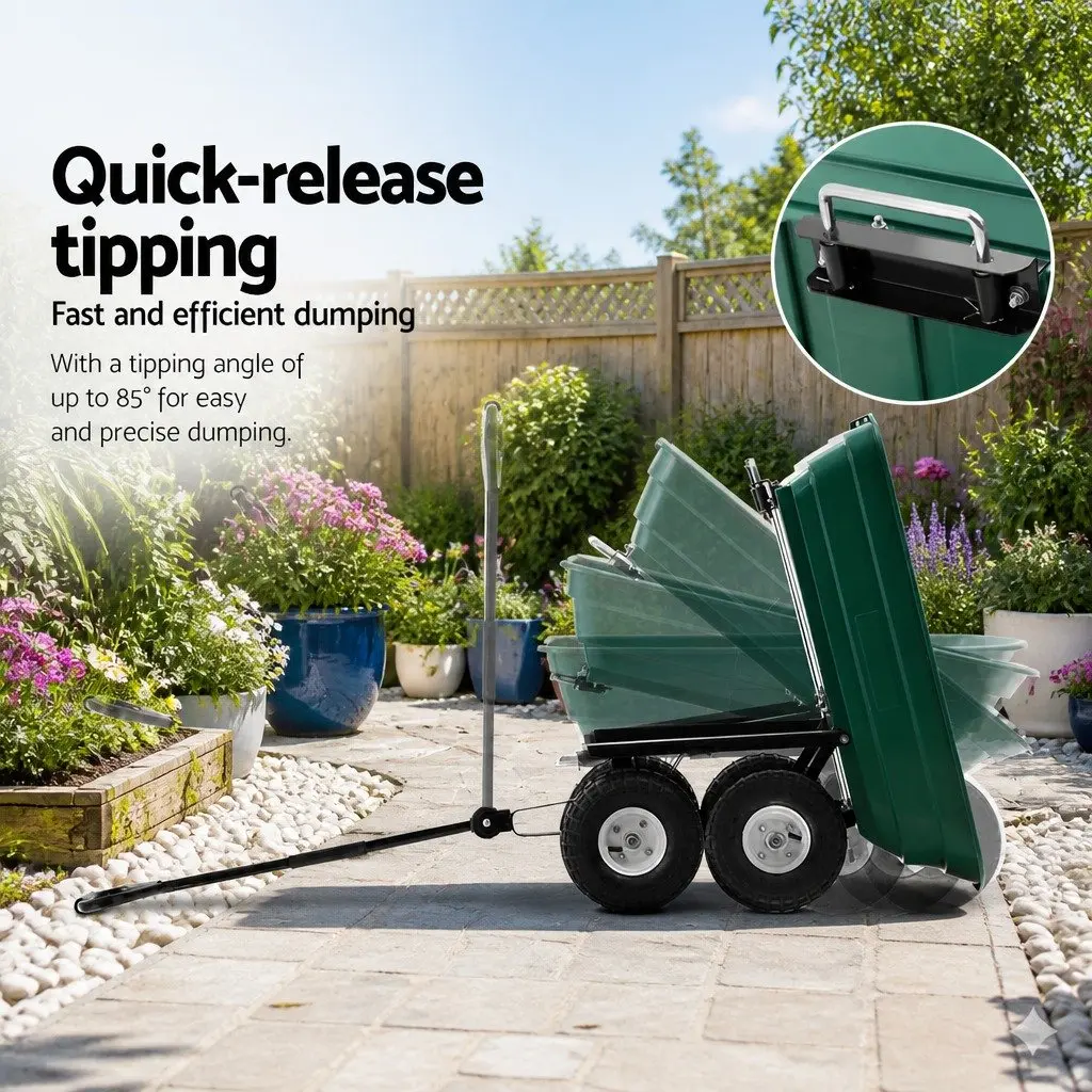 Garden Dump Cart 75L Capacity Spring Loaded Tipping Function Green