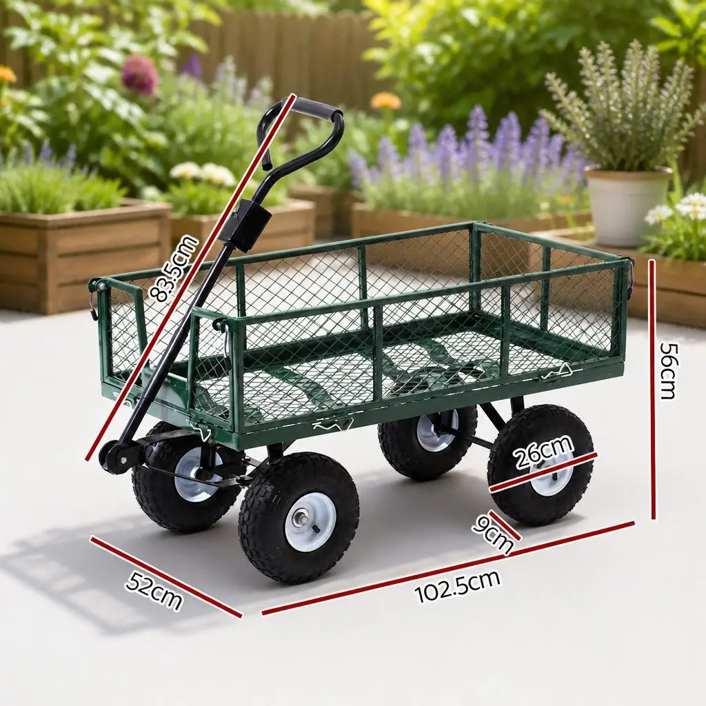 Mesh Garden Steel Cart 96cm Heavy-Duty Outdoor Transport Storage with Removable Hinged Sides and Pneumatic Tyres