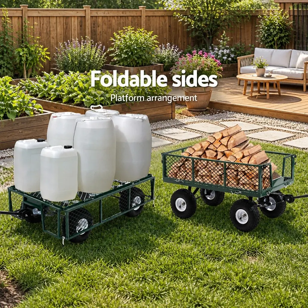Mesh Garden Steel Cart 96cm Heavy-Duty Outdoor Transport Storage with Removable Hinged Sides and Pneumatic Tyres