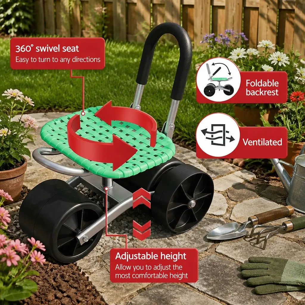 Garden Work Seat 360° Swivel Adjustable Height All-Terrain Wheels