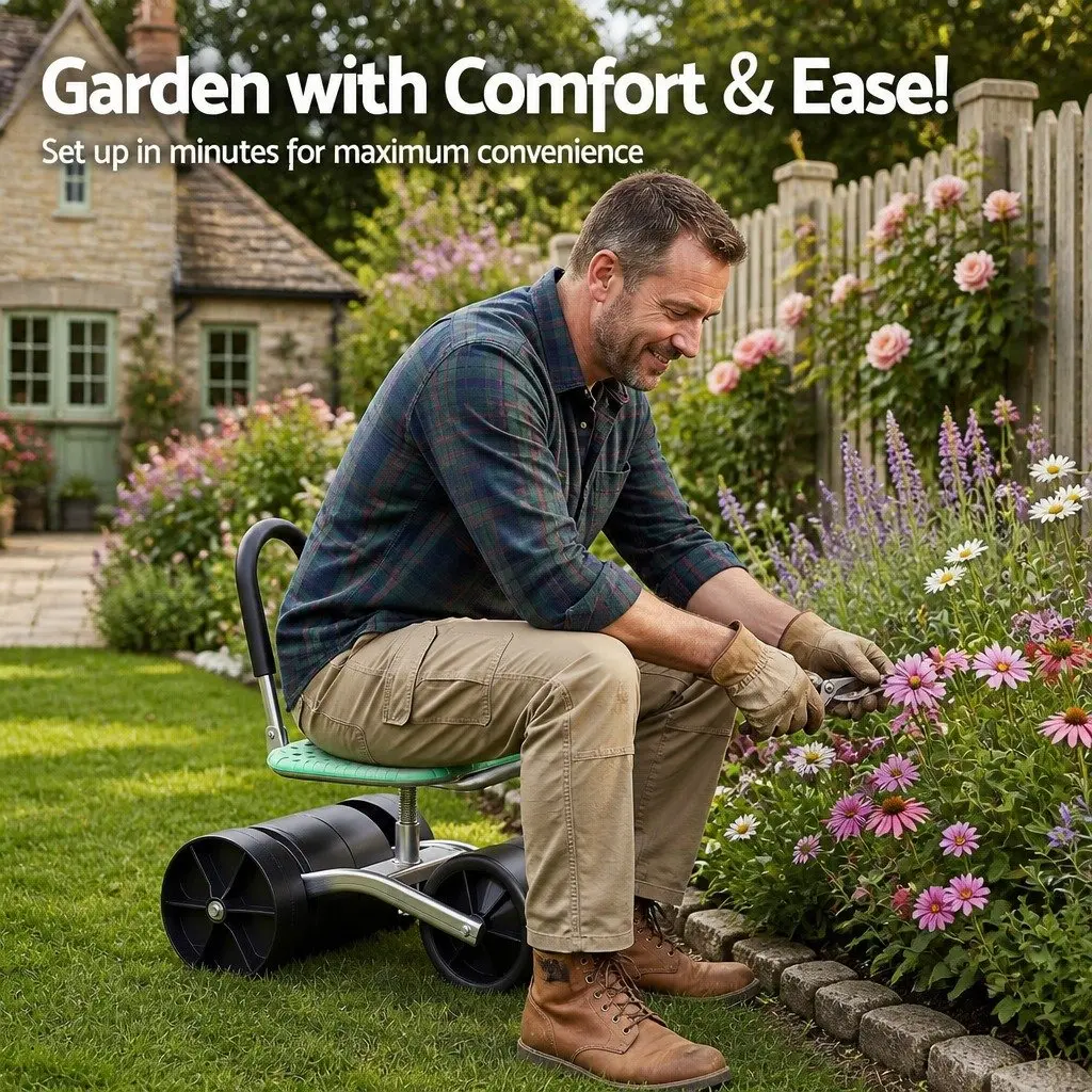 Garden Work Seat 360° Swivel Adjustable Height All-Terrain Wheels