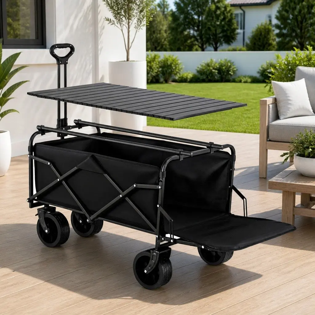Folding Camping Wagon 150L Black Utility Cart with Removable Side Table and Tailgate Extension