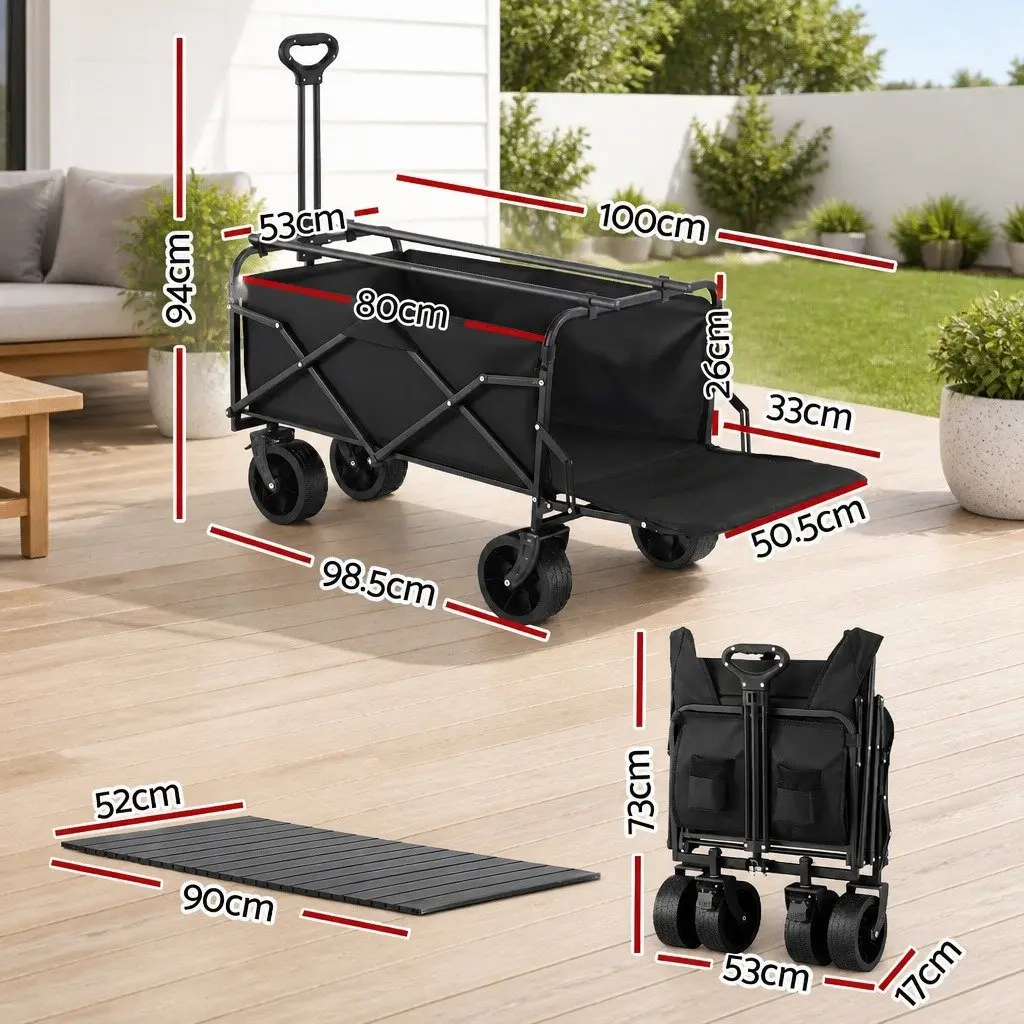Folding Camping Wagon 150L Black Utility Cart with Removable Side Table and Tailgate Extension