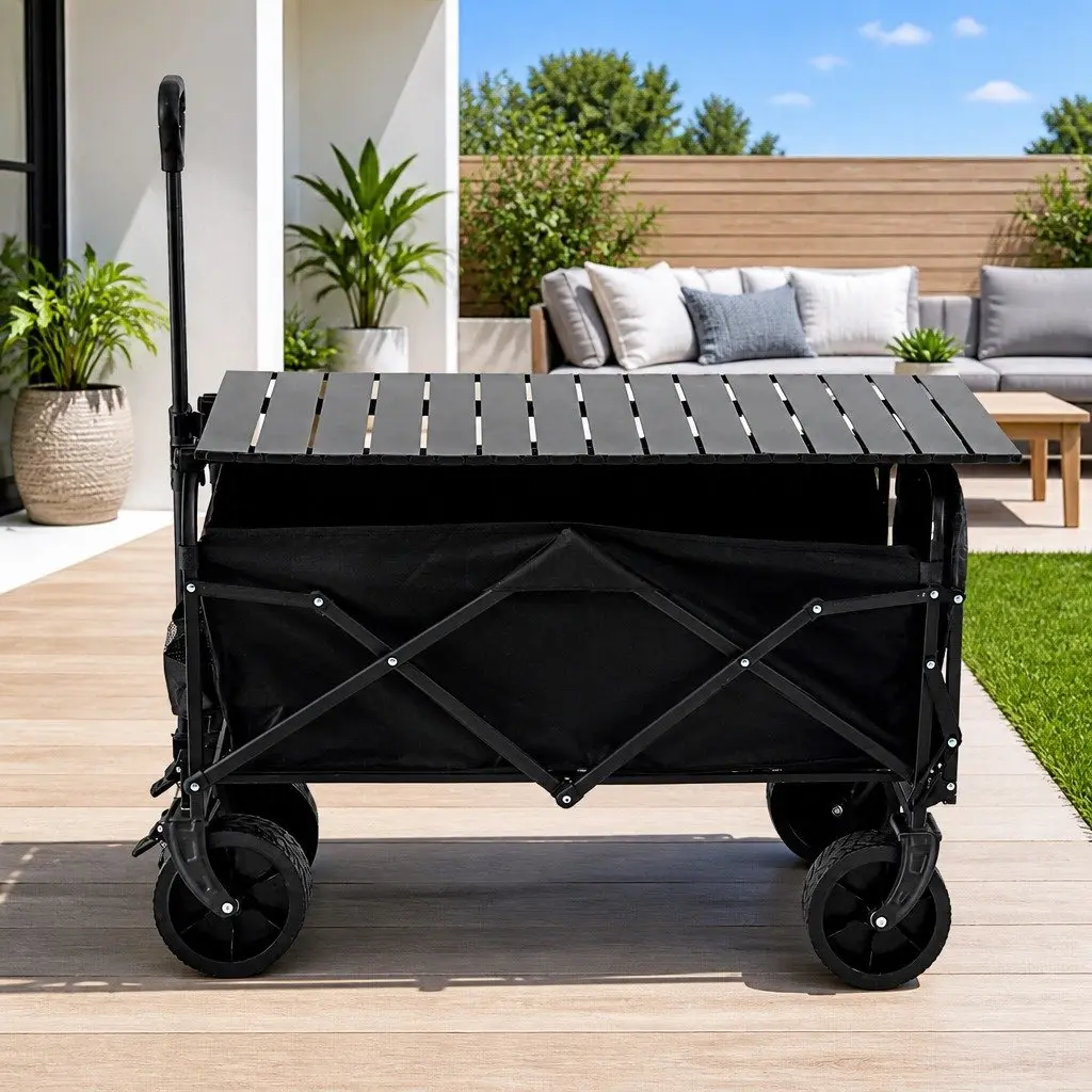 Folding Camping Wagon 150L Black Utility Cart with Removable Side Table and Tailgate Extension