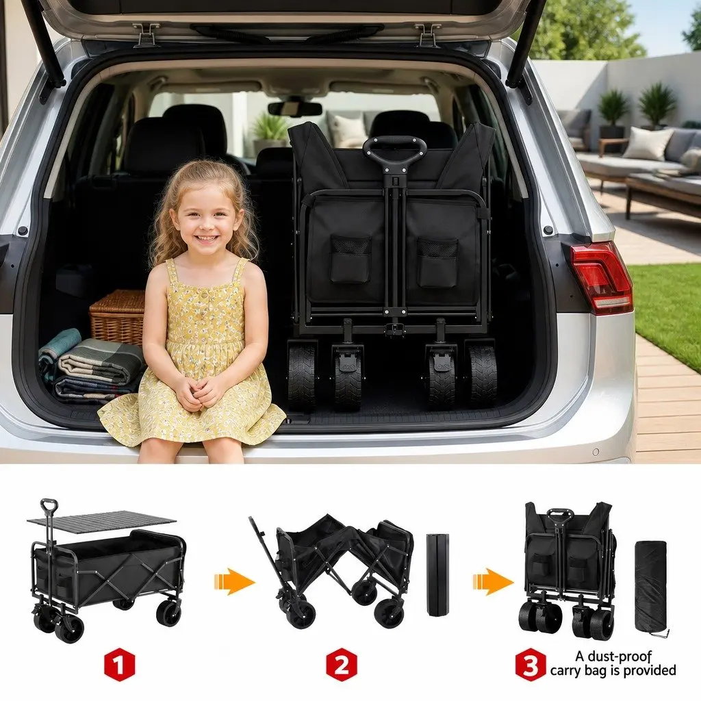 Folding Camping Wagon 150L Black Utility Cart with Removable Side Table and Tailgate Extension