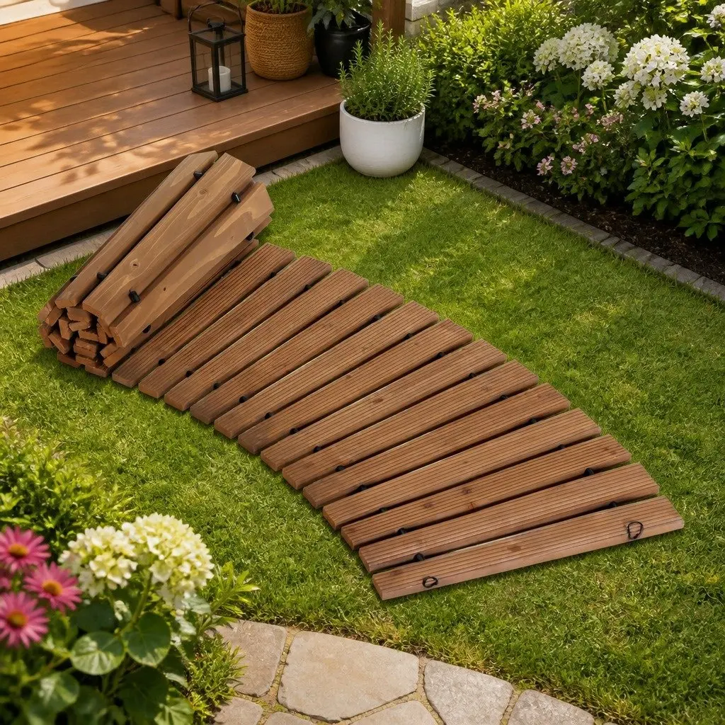 Garden Pathway 8FT Wooden Roll-Out Curved Weather-Resistant Anti-Slip Surface Outdoor Backyard Terrain