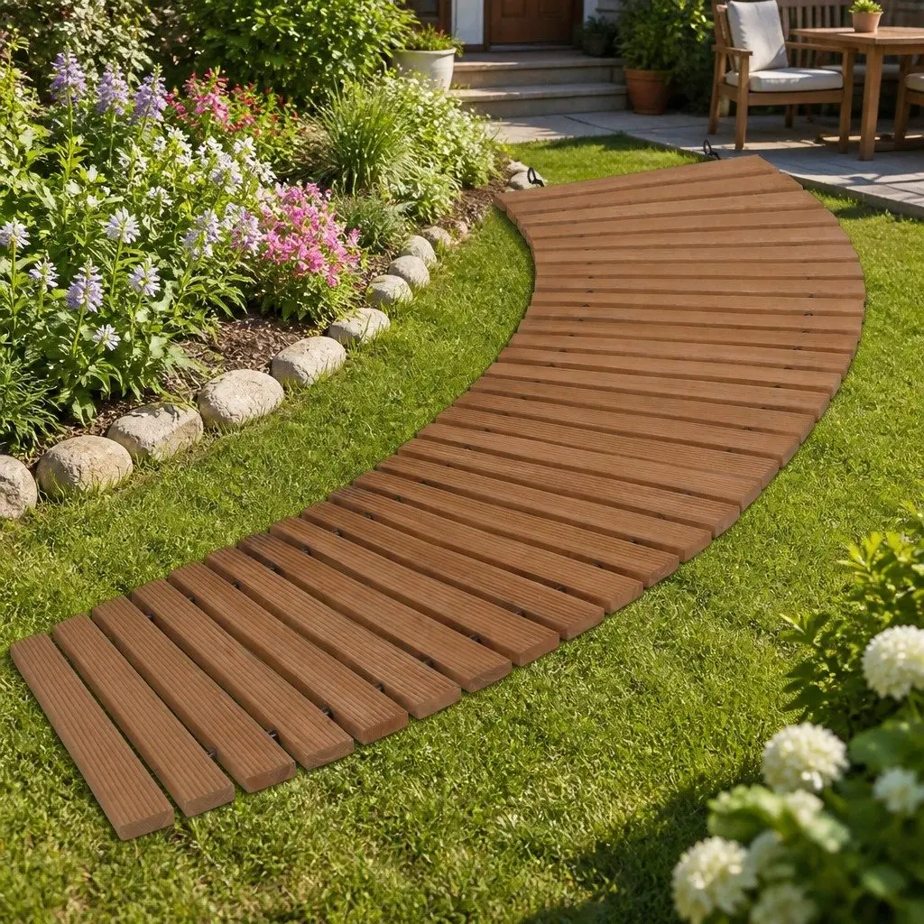Garden Pathway 8FT Wooden Roll-Out Curved Weather-Resistant Anti-Slip Surface Outdoor Backyard Terrain