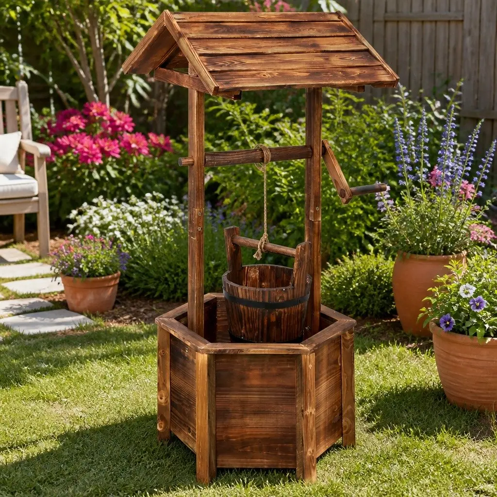 Wooden Wishing Well Garden Ornament Hexagonal Base Rustic Style