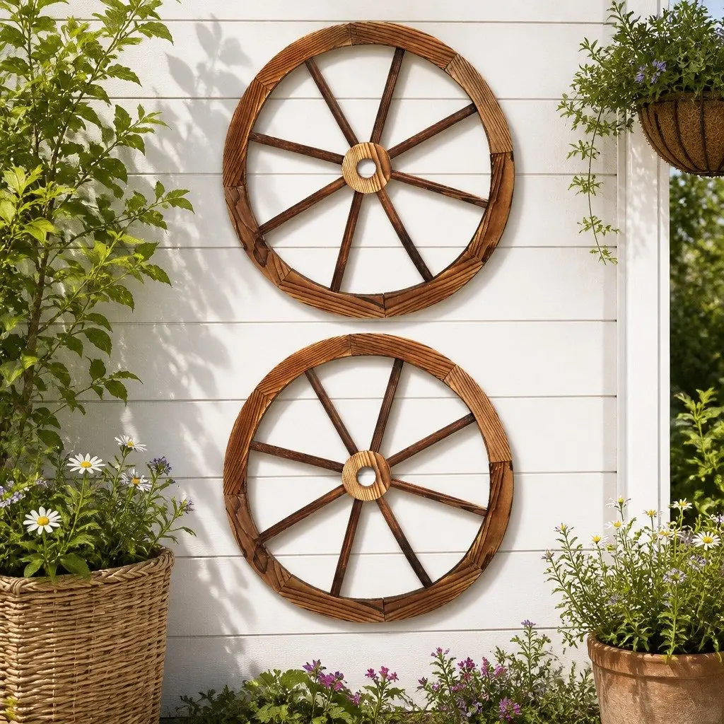 Wooden Wagon Wheel 60cm Rustic Decor Indoor Outdoor Feature