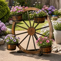 Rustic Wooden Wagon Wheel Plant Stand for Your Garden 80cm