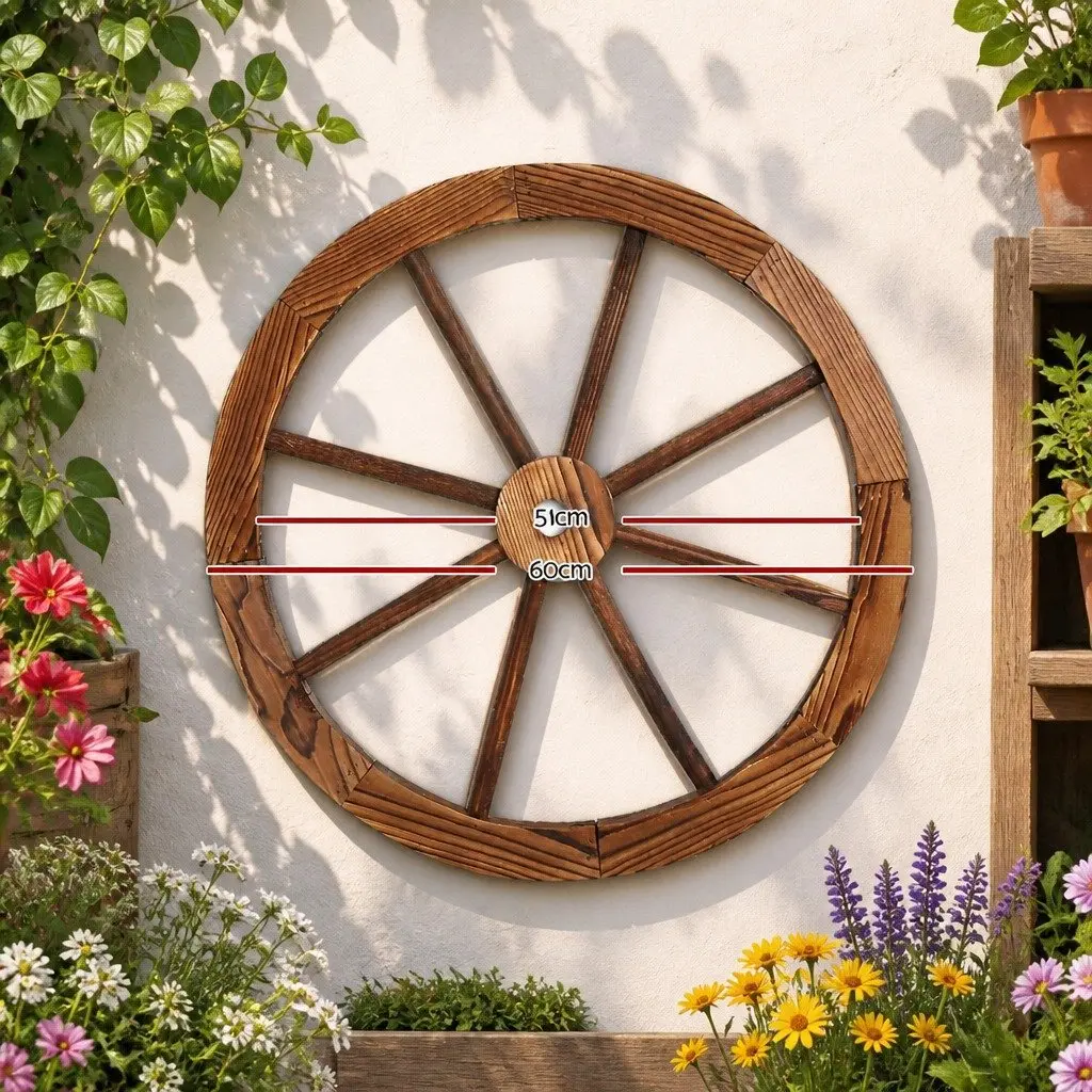 Wooden Wagon Wheel Garden Ornament Outdoor Indoor Home Decor Rustic 60cm
