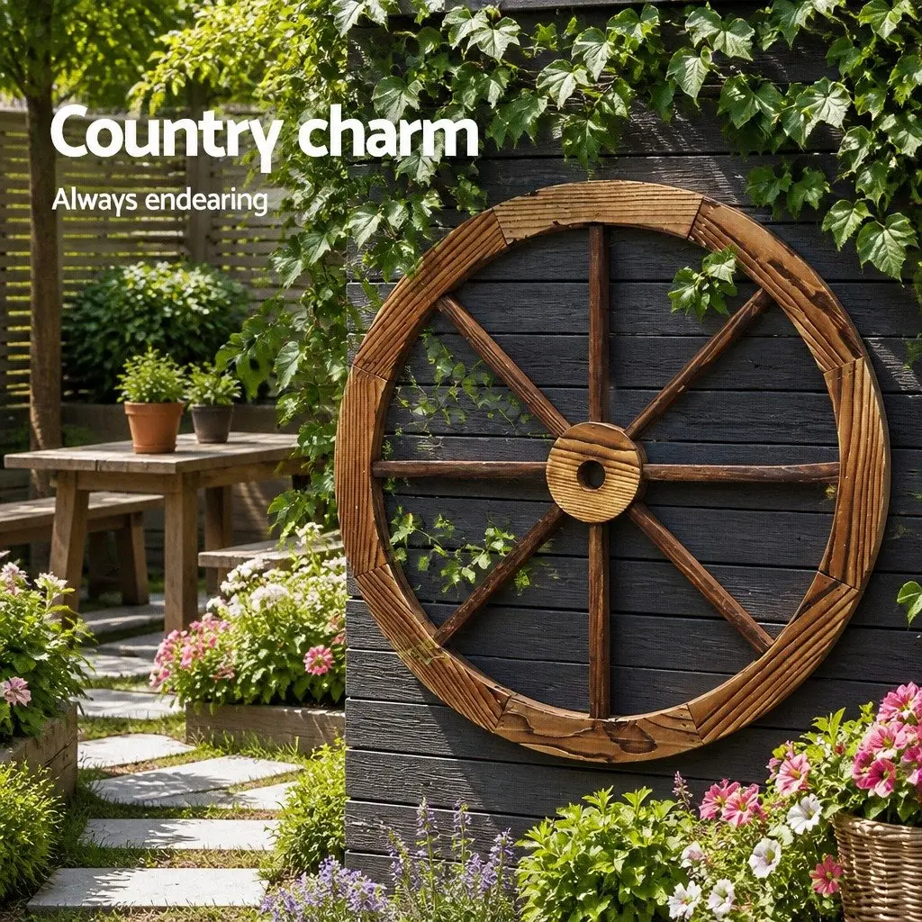 Wooden Wagon Wheel Garden Ornament Outdoor Indoor Home Decor Rustic 60cm