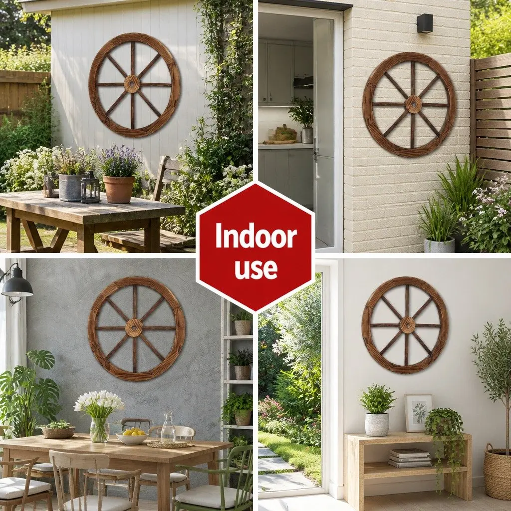 Wooden Wagon Wheel Garden Ornament Outdoor Indoor Home Decor Rustic 60cm