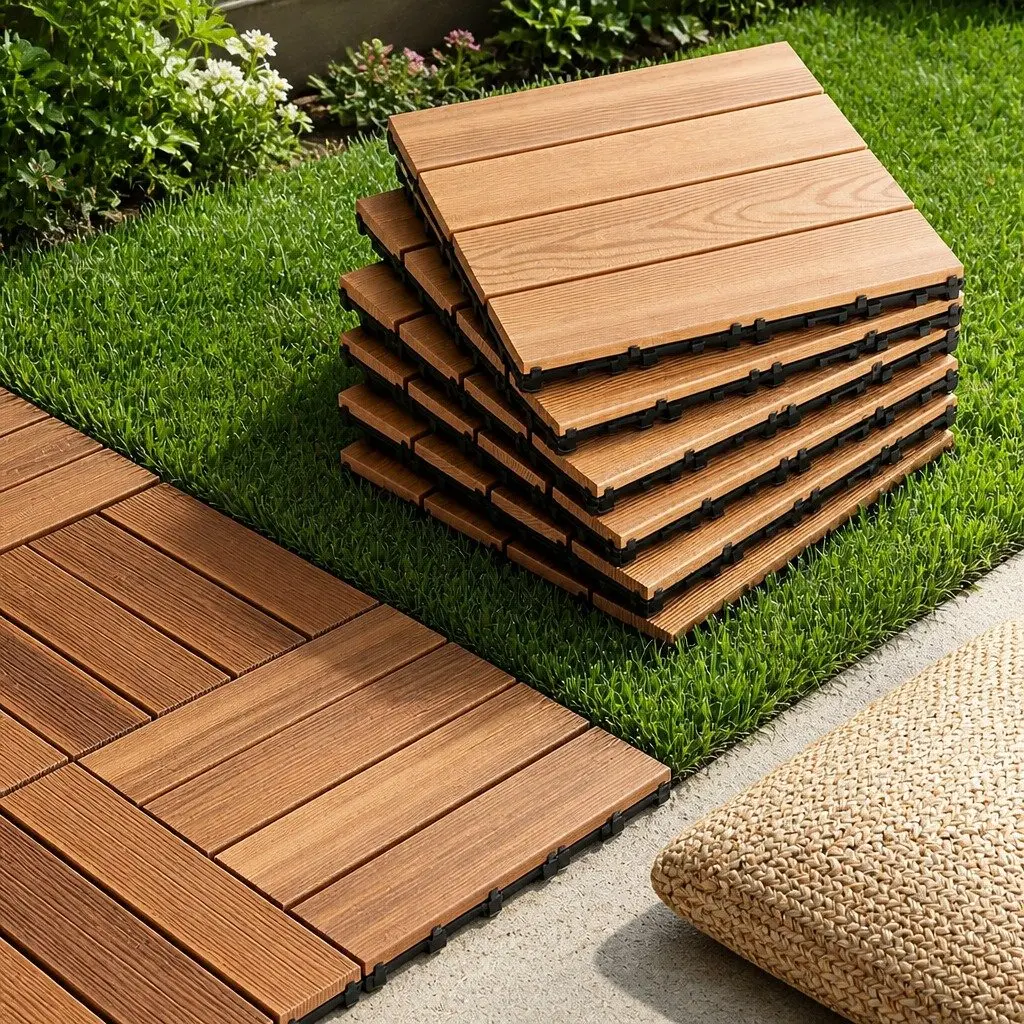 Wood Deck Tiles 30x30cm Interlocking Click-Lock Slip-Resistant Pine Wood for Patio Balcony Garden