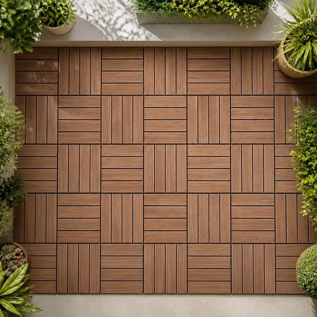 Wood Deck Tiles 30x30cm Interlocking Click-Lock Slip-Resistant Pine Wood for Patio Balcony Garden