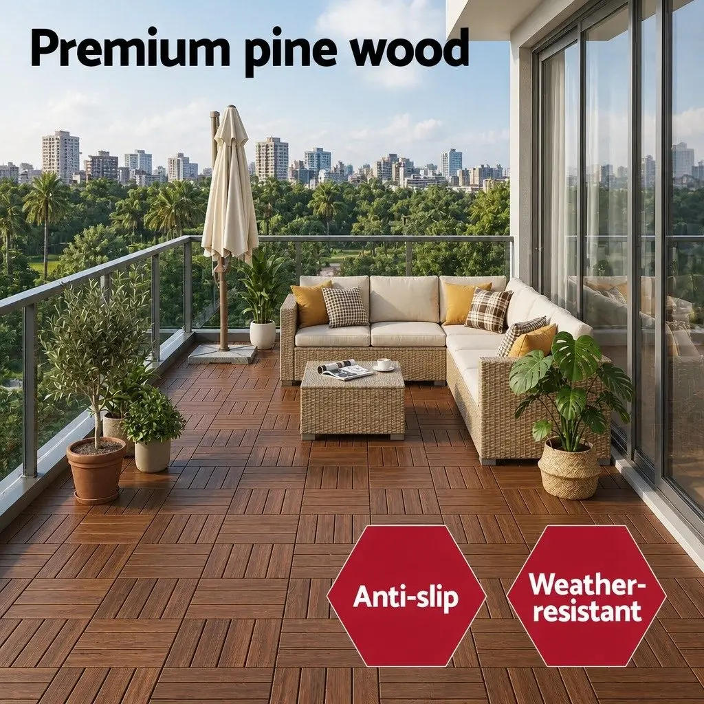 Wood Deck Tiles 30x30cm Interlocking Click-Lock Slip-Resistant Pine Wood for Patio Balcony Garden