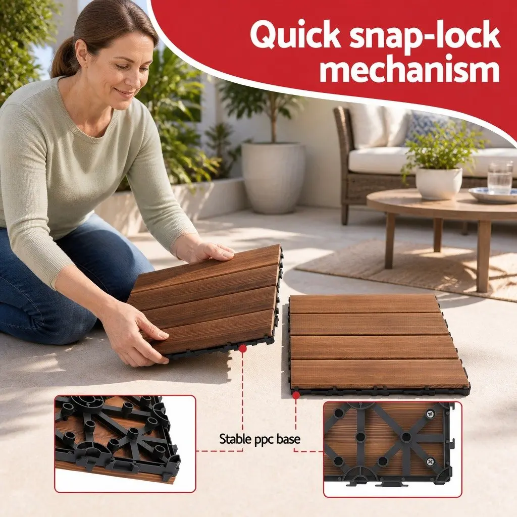 Wood Deck Tiles 30x30cm Interlocking Click-Lock Slip-Resistant Pine Wood for Patio Balcony Garden