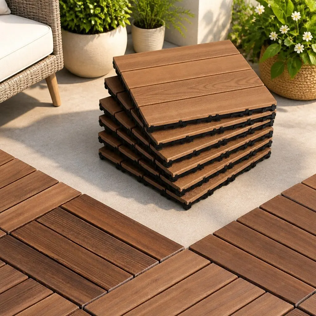 Wood Deck Tiles 30x30cm Interlocking Click-Lock Slip-Resistant Pine Wood for Patio Balcony Garden