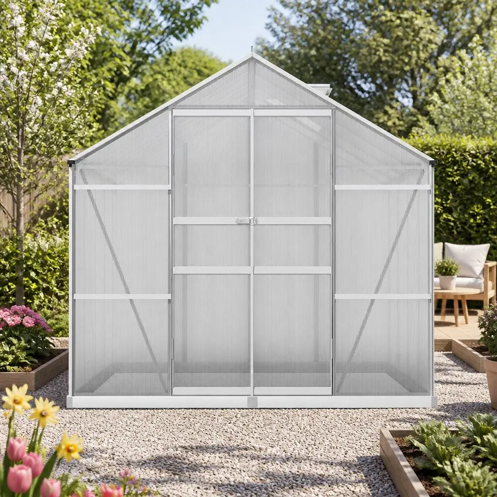 Aluminium Greenhouse 2.42x2.5x2.26M Double Doors UV-Resistant Polycarbonate Structure for Year-Round Gardening