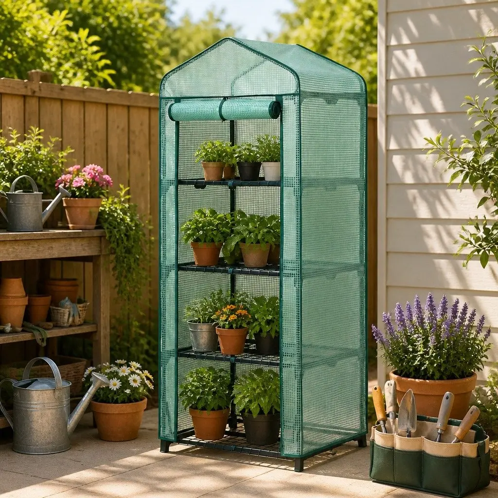 Mini Greenhouse 4 Tier Portable Growing House Waterproof Weatherproof with Roll-up Zipper Door
