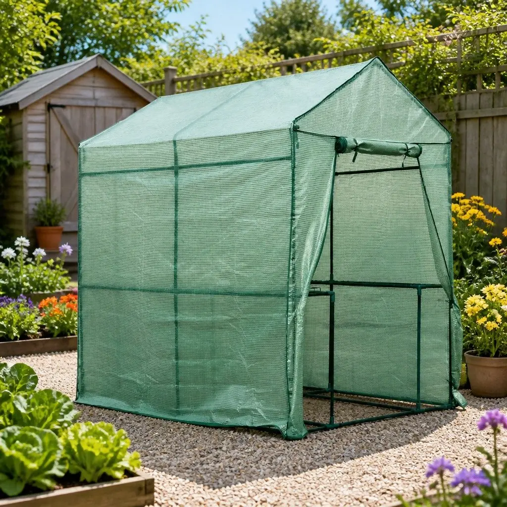 Walk in Greenhouse 1.2x1.9x1.9M Garden Tunnel Plant Shed with Roll-up Door and 4 Sturdy Shelves