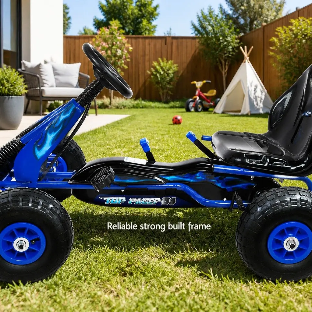 Kids Pedal Go Kart Ride On Car Blue Rubber Tyre Sturdy Frame Directional Steering Speed Control