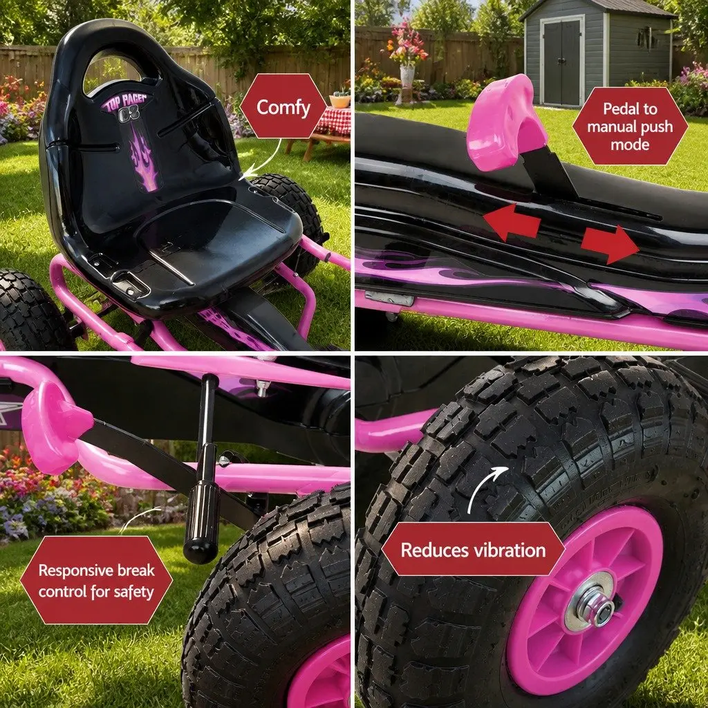 Kids Pedal Go Kart Ride On Car Pink Adjustable Seat Rubber Tyres 3 Years and Above