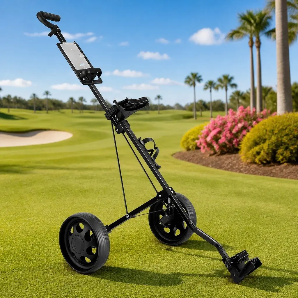 2 Wheel Golf Trolley Folding Push Cart with Scoreboard and Cup Holder Black Aluminium