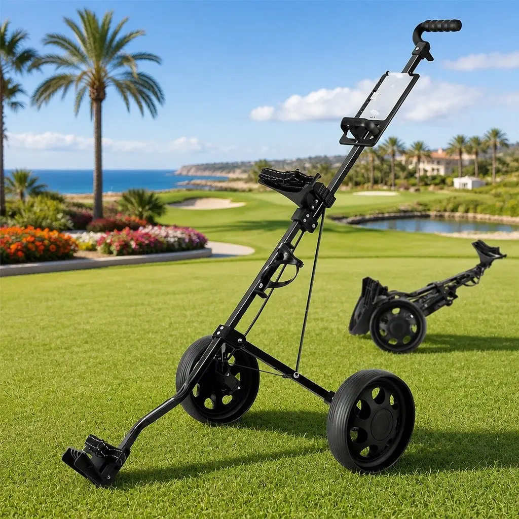 2 Wheel Golf Trolley Folding Push Cart with Scoreboard and Cup Holder Black Aluminium