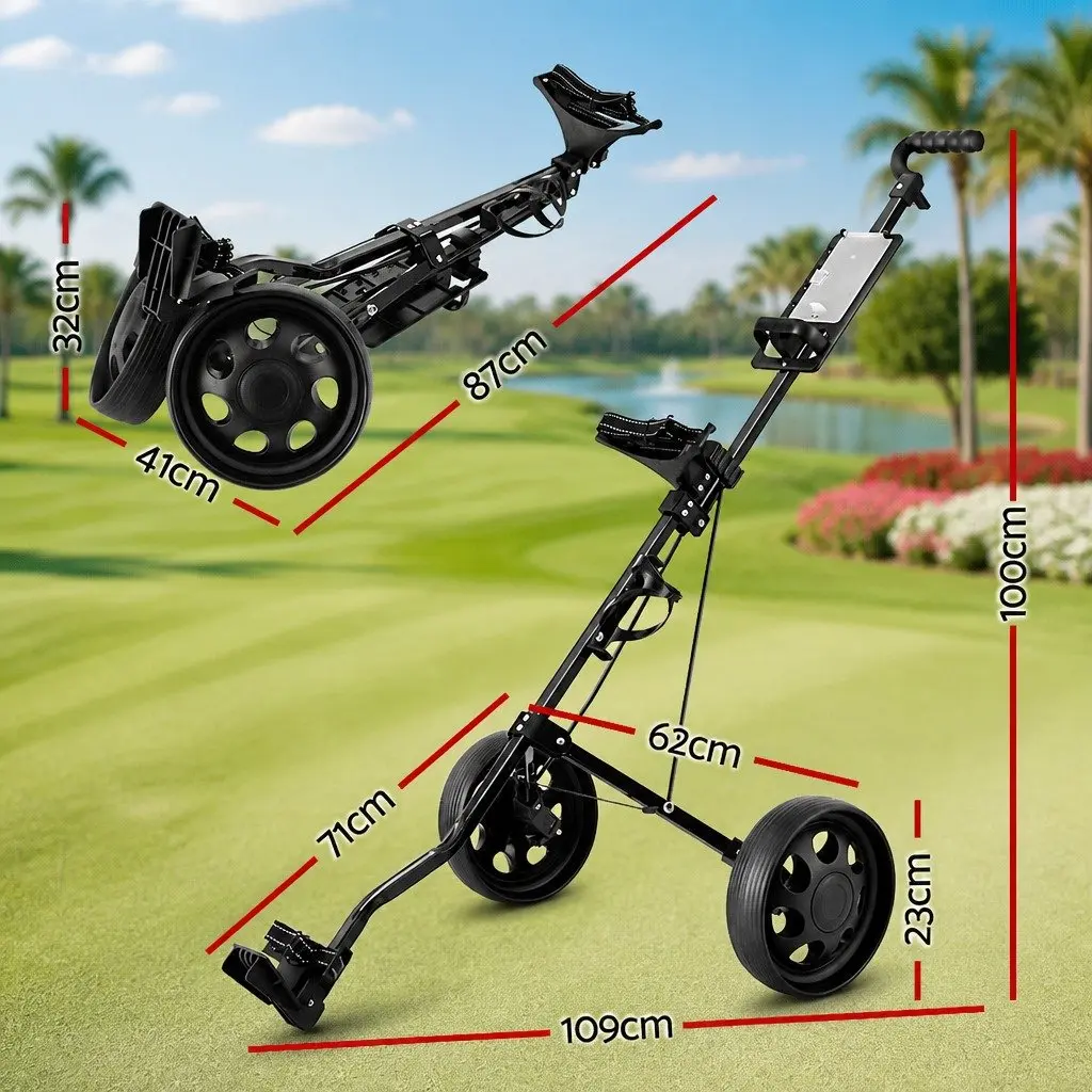2 Wheel Golf Trolley Folding Push Cart with Scoreboard and Cup Holder Black Aluminium