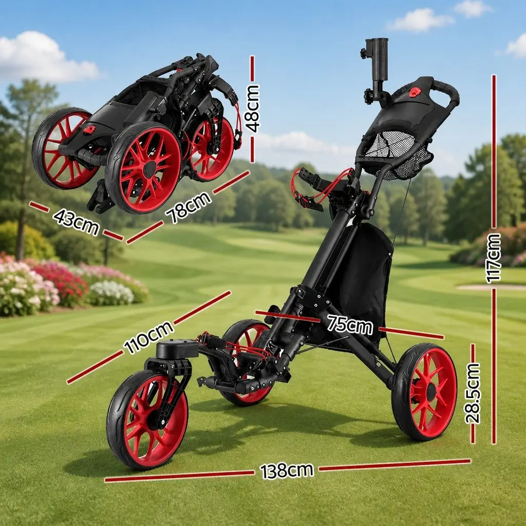 Golf Trolley Cart 3 Wheels Foldable Buggy Swivel Front Wheels Umbrella Stand