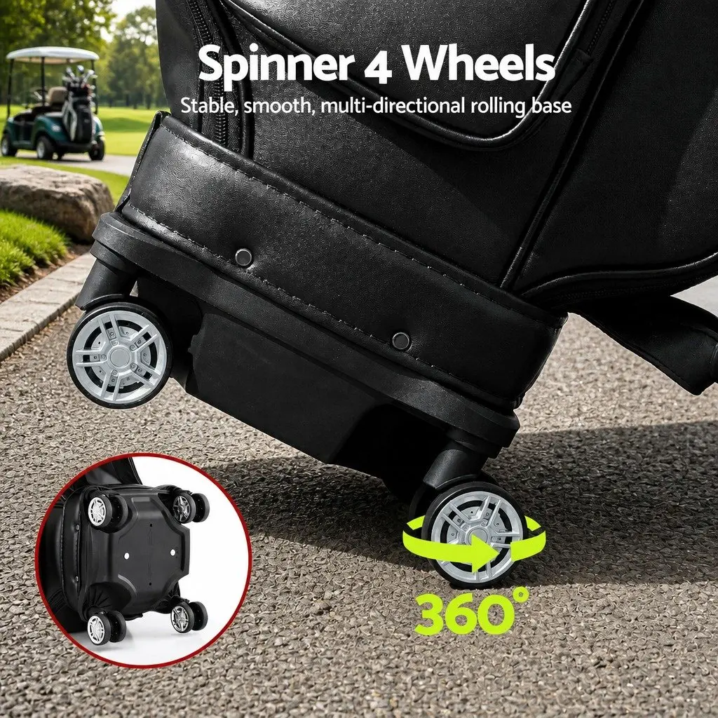 Golf Cart Bag Rolling Black with Spinner Wheels Telescopic Handle Multiple Storage Compartments