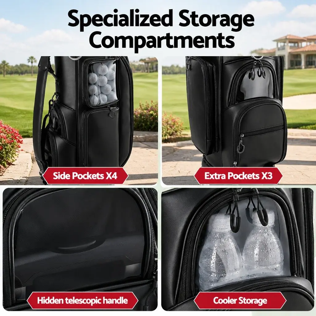Golf Cart Bag Rolling Black with Spinner Wheels Telescopic Handle Multiple Storage Compartments