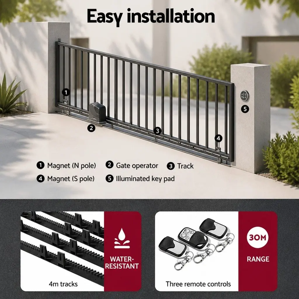 Solar Automatic Gate Opener 600kg Capacity Remote Control 40W Black