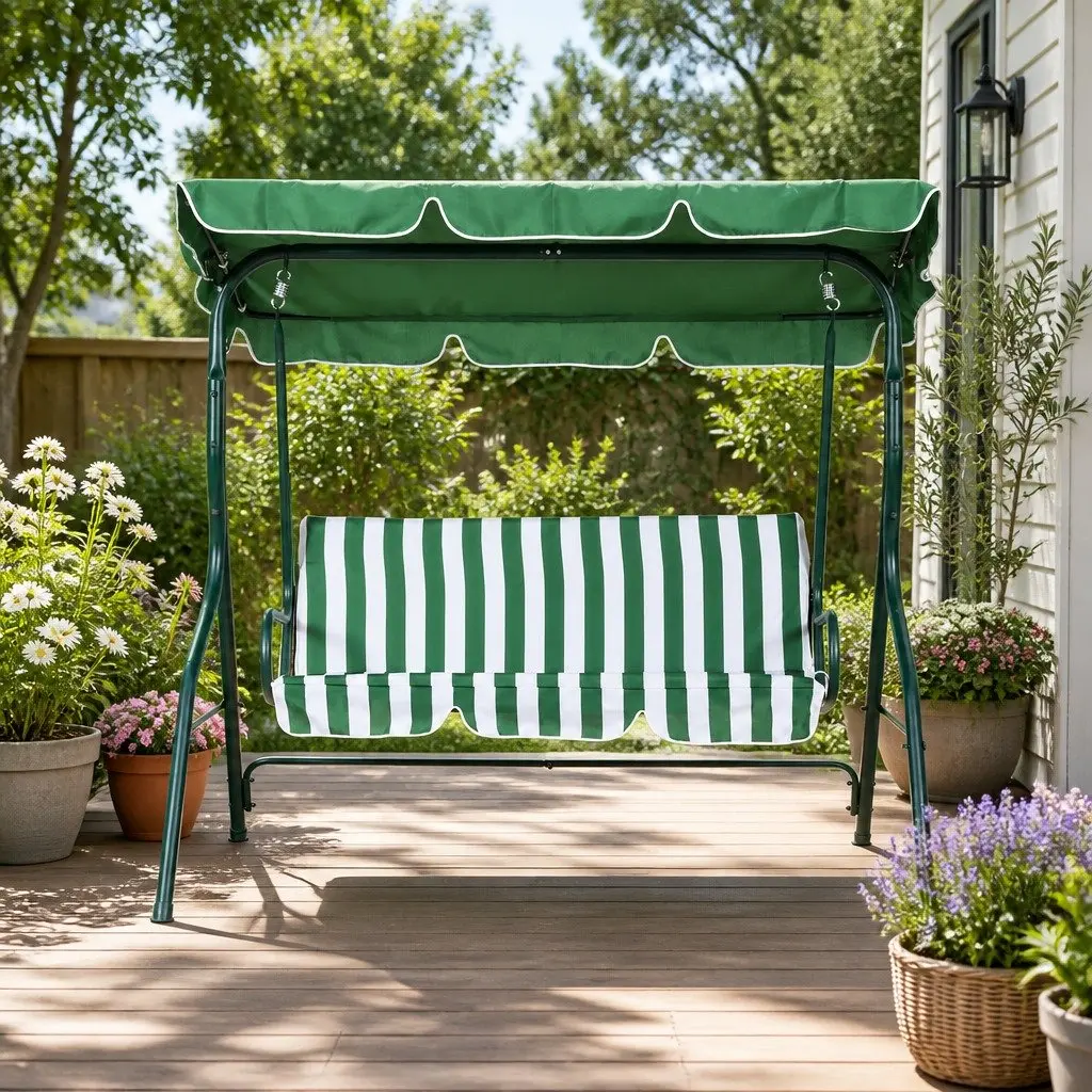 3 Seater Outdoor Swing Chair with Adjustable Canopy Powder-coated Steel Frame Removable Cushions
