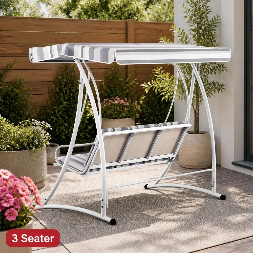 Outdoor Swing Chair 3 Seater Adjustable Canopy Water-Resistant Powder-Coated Steel Frame