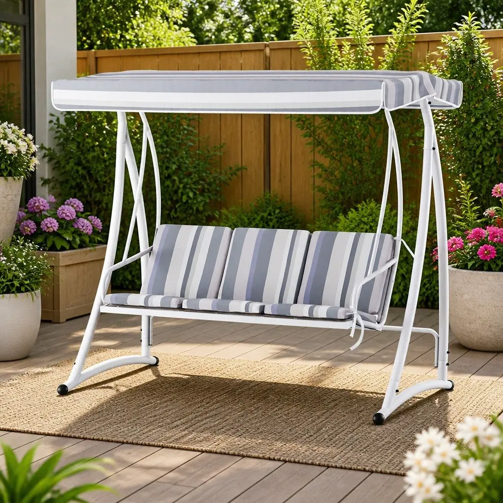 Outdoor Swing Chair 3 Seater Adjustable Canopy Water-Resistant Powder-Coated Steel Frame
