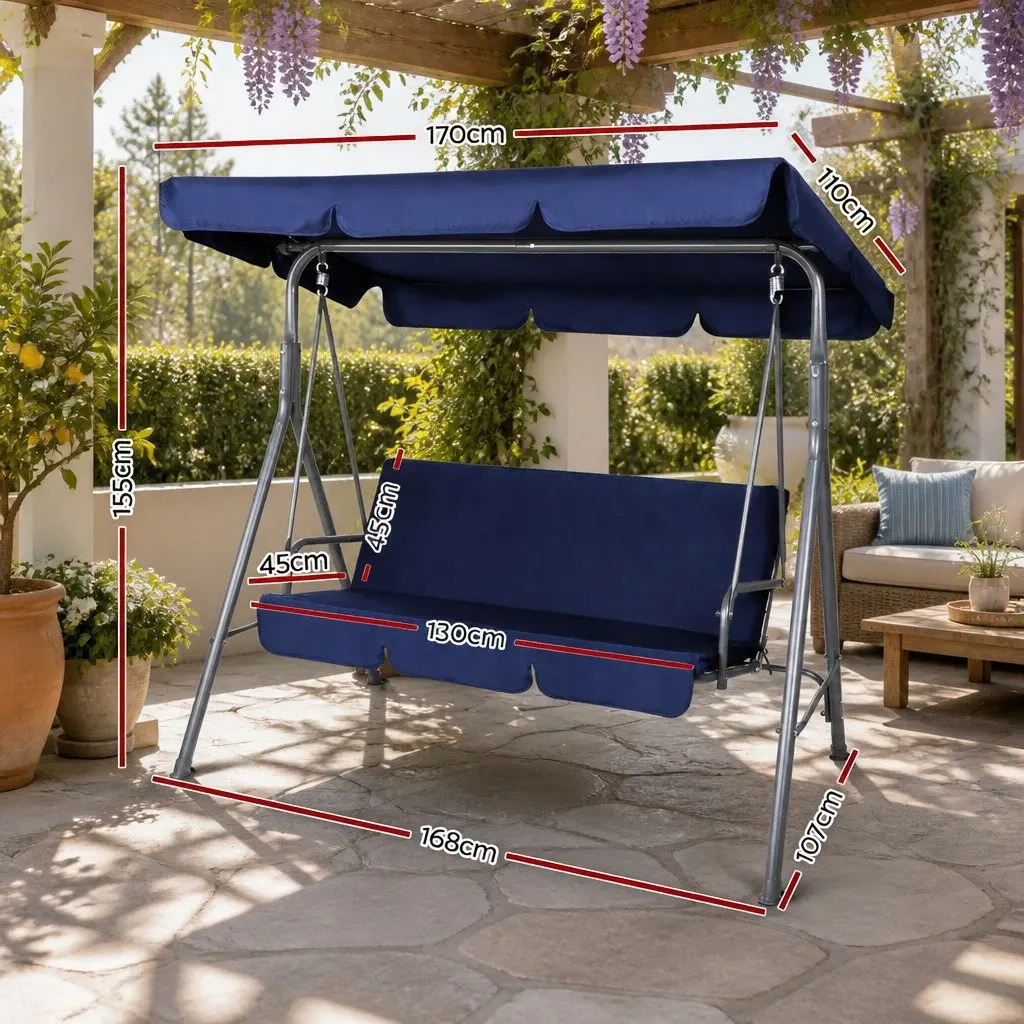 Outdoor Swing Chair 3 Seater Adjustable Canopy Navy Blue