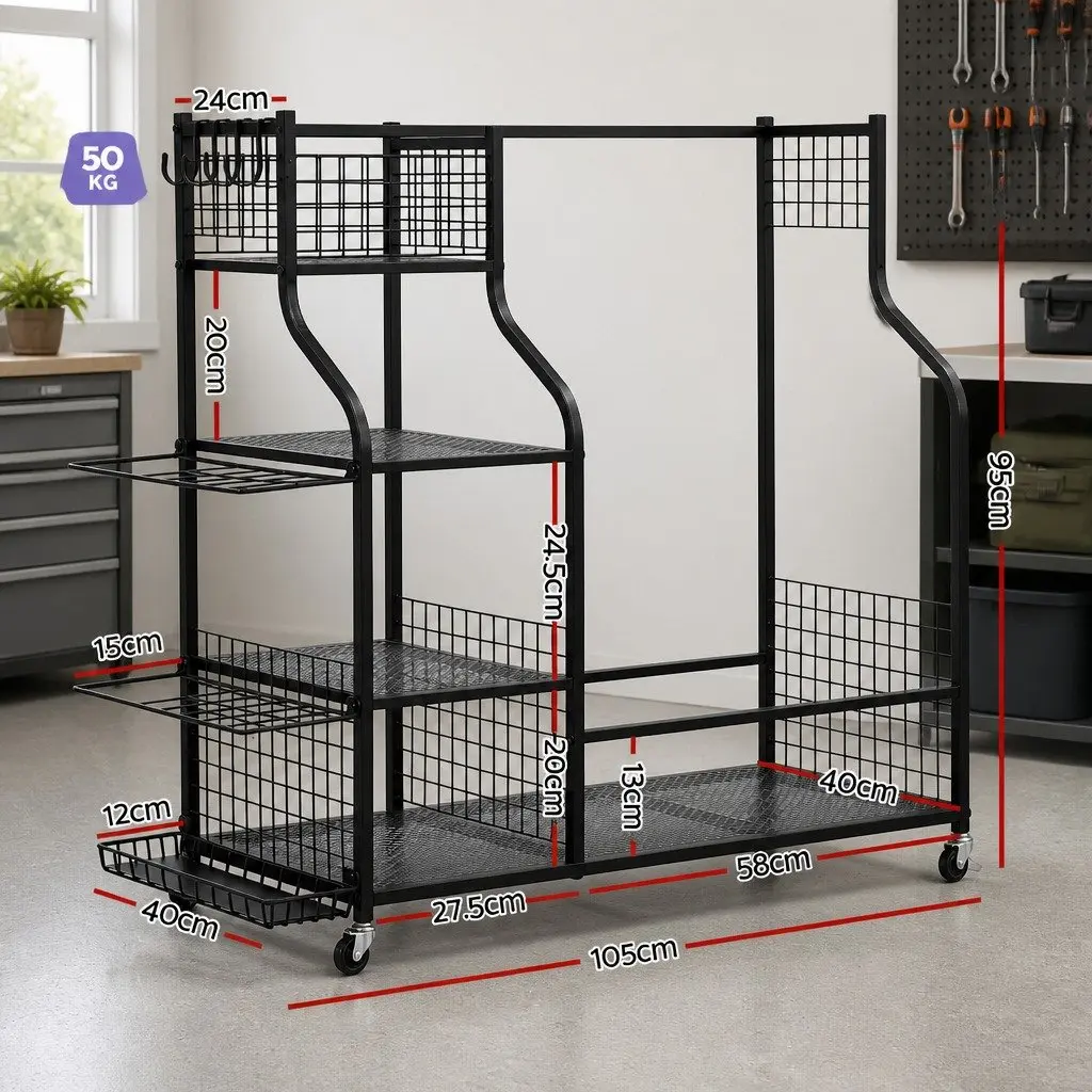 Golf Bag Storage Rack Organizer with Wheels Heavy-Duty Metal Frame Black