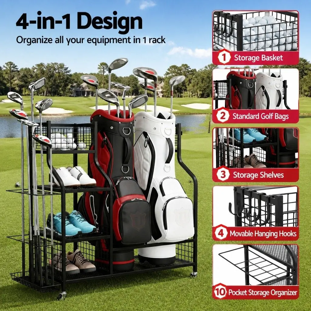 Golf Bag Storage Rack Organizer with Wheels Heavy-Duty Metal Frame Black