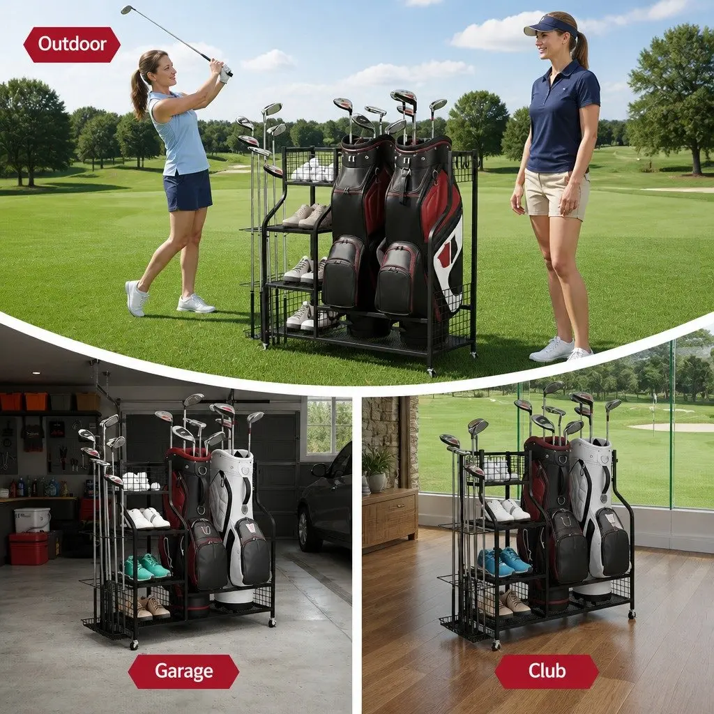 Golf Bag Storage Rack Organizer with Wheels Heavy-Duty Metal Frame Black