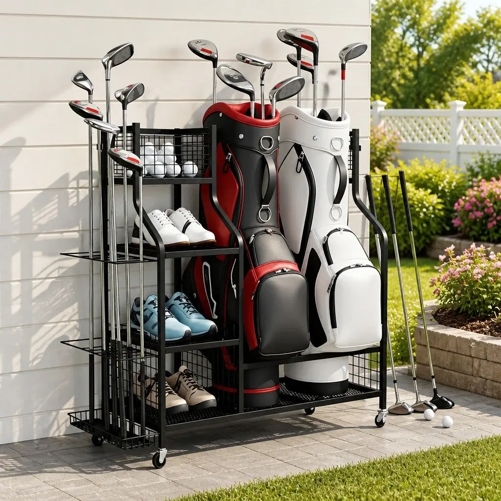 Golf Bag Storage Rack Organizer with Wheels Heavy-Duty Metal Frame Black