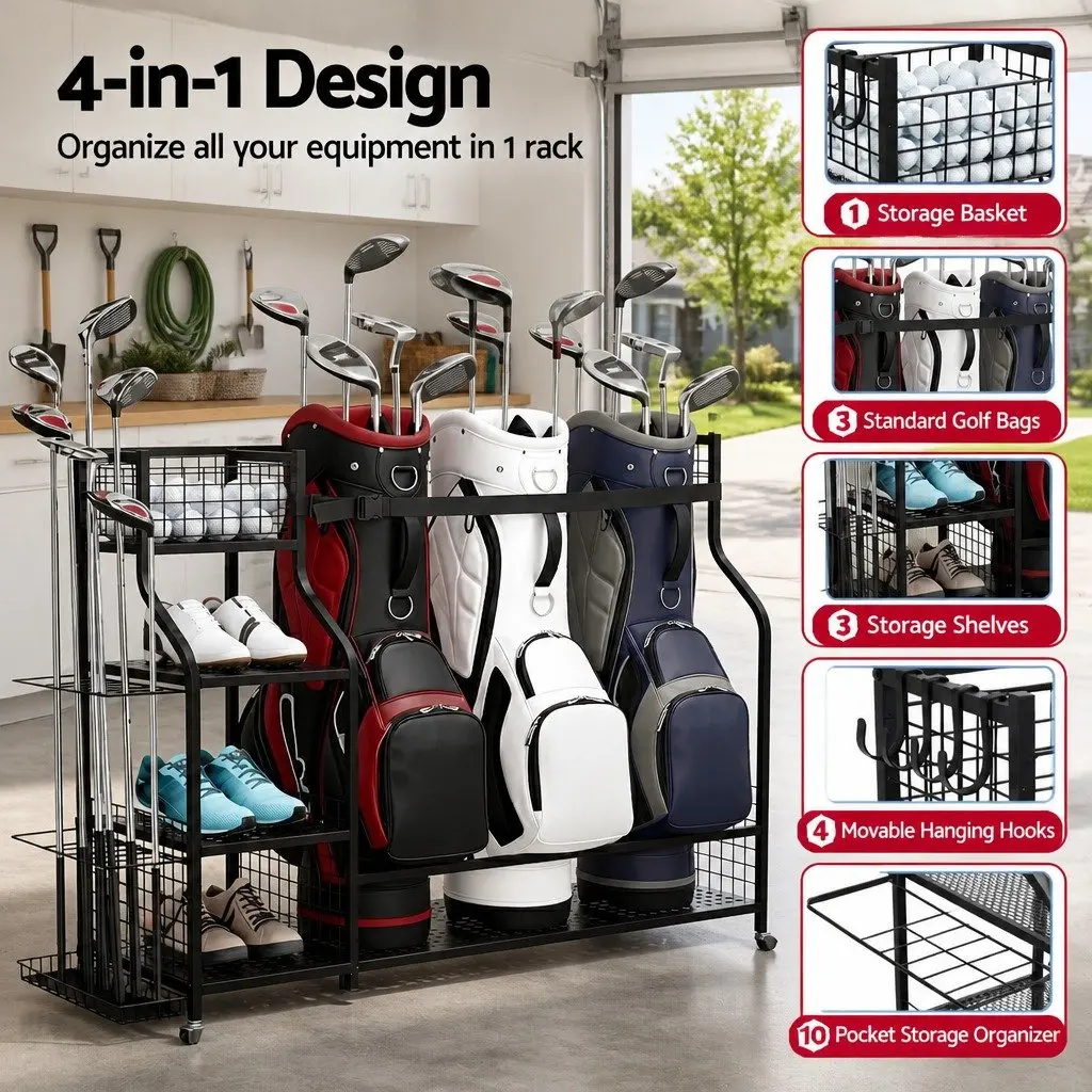 Golf Bag Storage Organizer with Wheels Metal Frame Shelves Club Display Stand