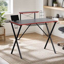 Gaming Desk Computer Workstation 105CM Black Two-Tier Storage Headphone Hook Cup