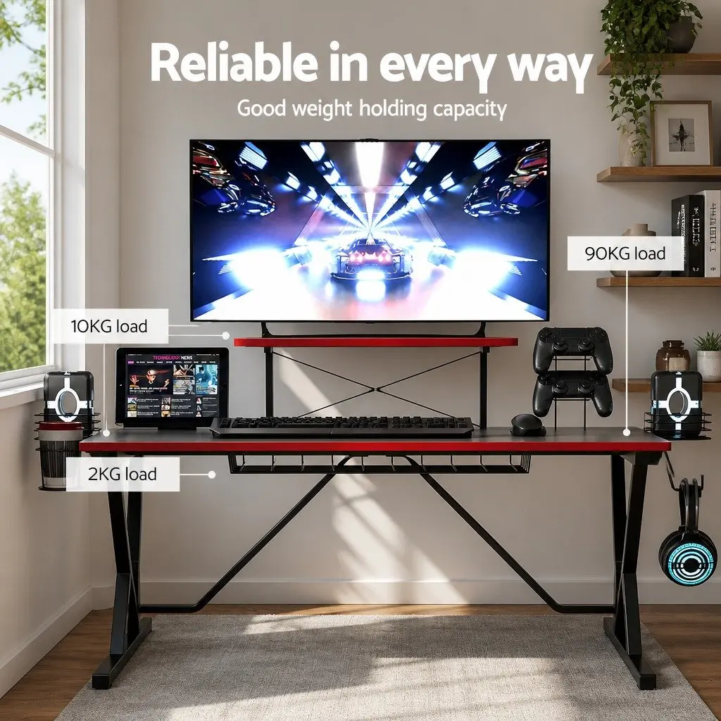 Gaming Desk Computer Workstation 105CM Black Two-Tier Storage Headphone Hook Cup